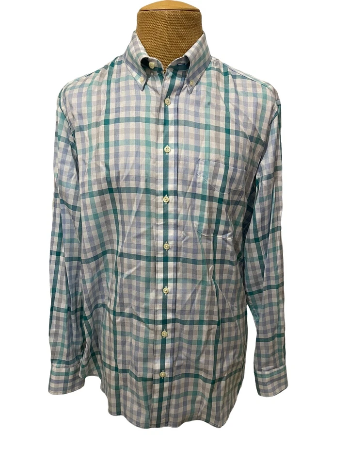 GITMAN BROS Men's Dress Shirt White Gray Teal Plaid Cotton Size XL Made in USA - Image 2 of 4