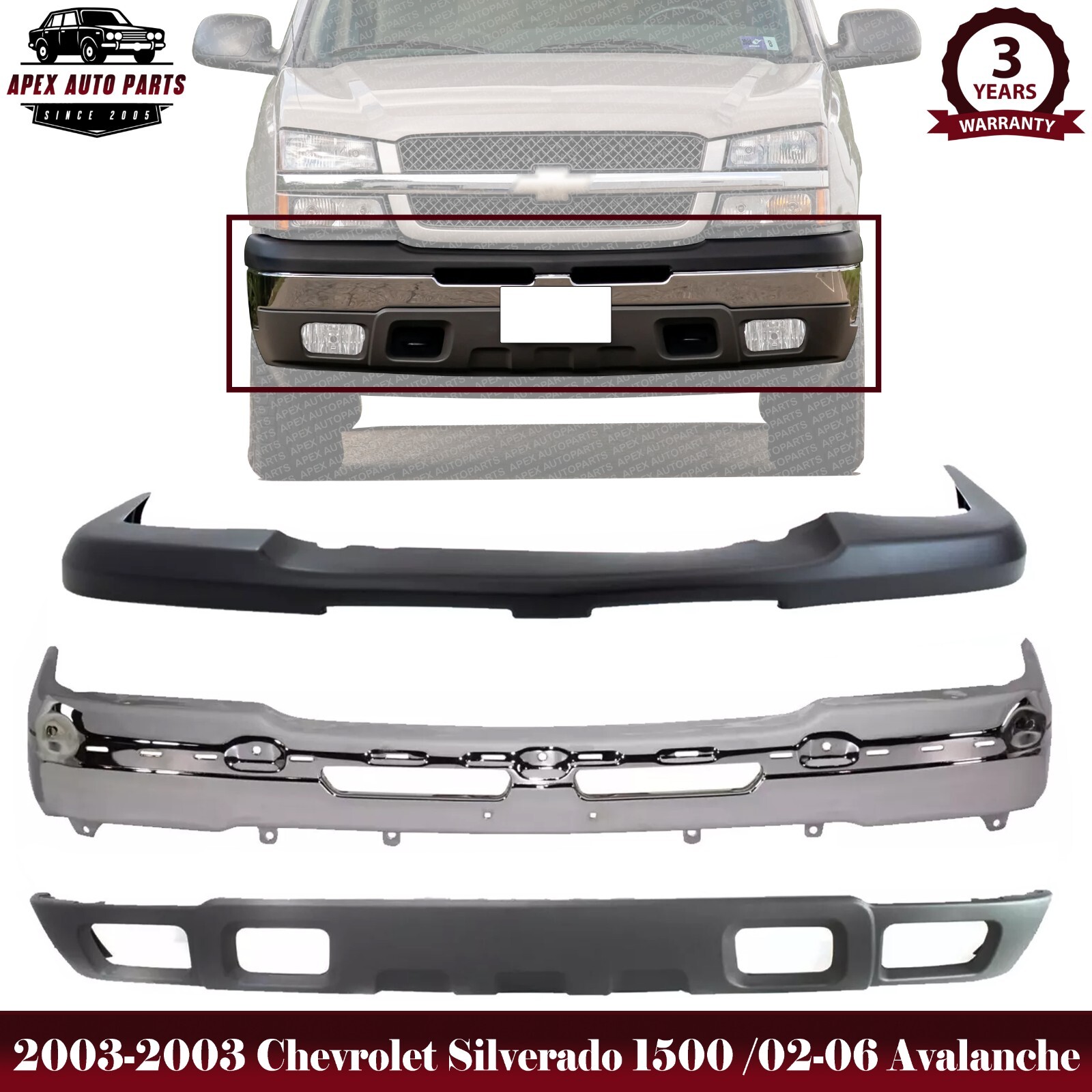 Front Bumper Chrome Steel Kit For 2003-2006 Chevrolet Silverado 1500 Avalanche