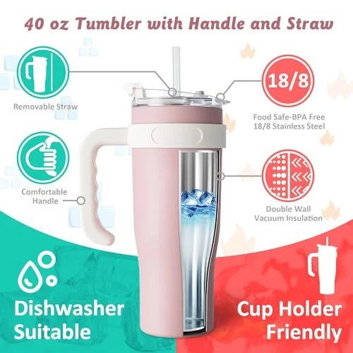 Tumbler With Lid And Straw 40 Oz Vacuum Insulated Tumbler With Handle And Straw