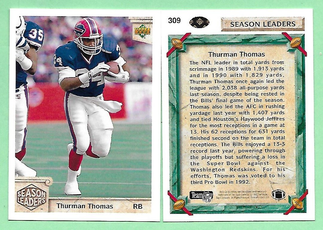 Thurman Thomas #309 Football Cards 1992 Upper Deck trading card — raw and PSA graded price guide