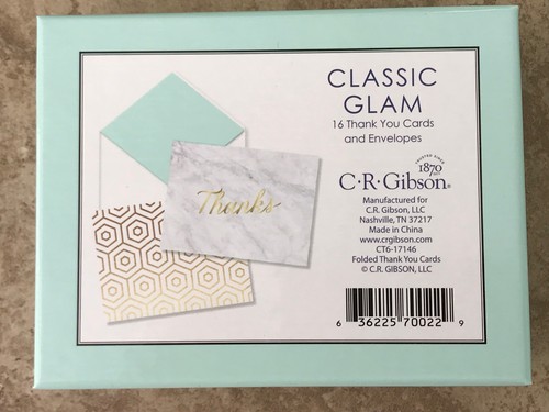 * CR Gibson Note Cards Thanks Boxed 16 Count Classic Glam Marble Gold Mint - Picture 3 of 4