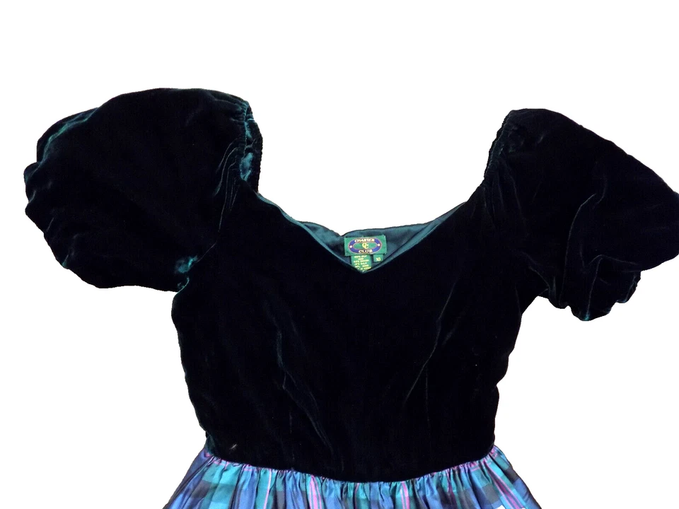 Vtg Charter Club Dress Green off shoulder Velvet Midi Plaid Silk Skirt Pocket 10 - Image 2 of 4