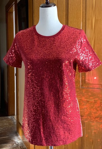 DKNY Wm’s Red Jersey Sequined Tee Pullover Top Shirt Sz S ~ Love, USA, Club Tee