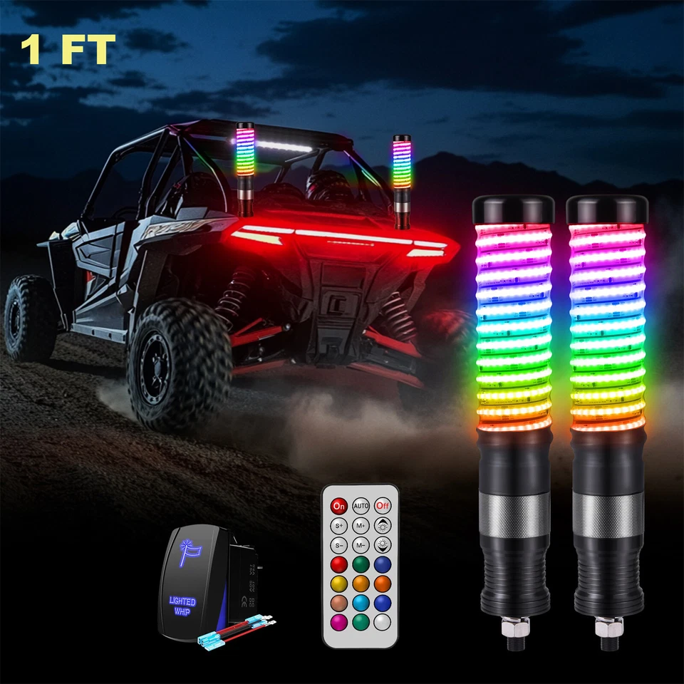 2x 1FT/2FT COB LED Fat Whip Lights RGB Chasing Spiral Antenna For Cam-am UTV ATV - Image 4 of 4