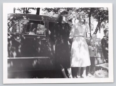 Vintage Photo Young Women and Boy Standing Beside Antique Car