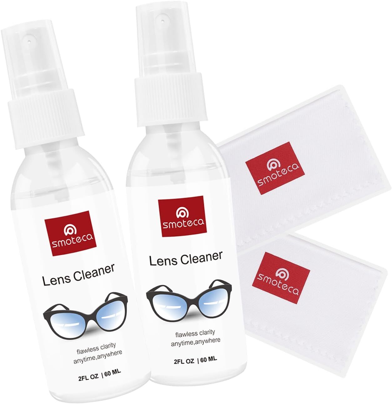SmoTecQ Eyeglass Lens Cleaner 2 Ounce spray (2 bottles) + 2 microfiber cloth