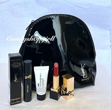 NEW 4PC YSL Beaute Set, Rouge Pur Couture Lipstick/Mascara/Nu Glow Balm & Pouch