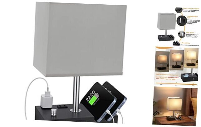 Table Lamp for Bedroom with Dual USB Ports, 1 Pack Misty Grey with Knob Switch-image