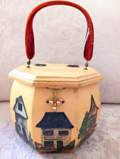 Vtg 1970s Wooden Purse Decoupage Handbag Village Street Scene Lucite Handle Cott