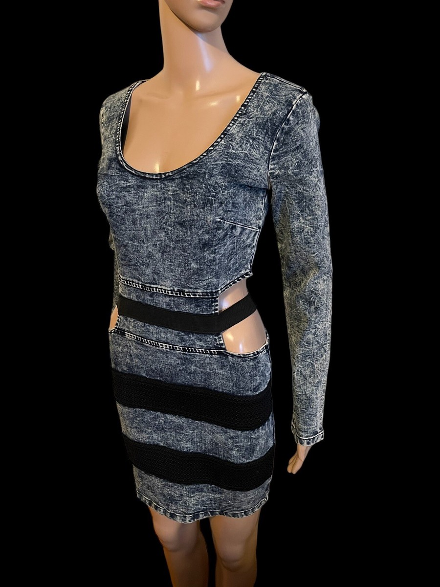 VIBRANT M.I.U JEAN DENIM MINI DRESS ACID WASH BODYCON STRETCH SIDE CUTOUT SMALL VIBRANT M.I.U JEAN DENIM MINI DRESS ACID WASH BODYCON STRETCH SIDE CUTOUT SMALL