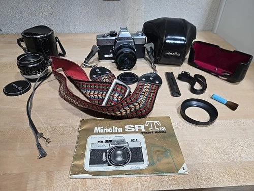 Vintage Minolta SRT 101 35mm SLR Camera 28mm 58mm Case Lens Cover Untested Japan