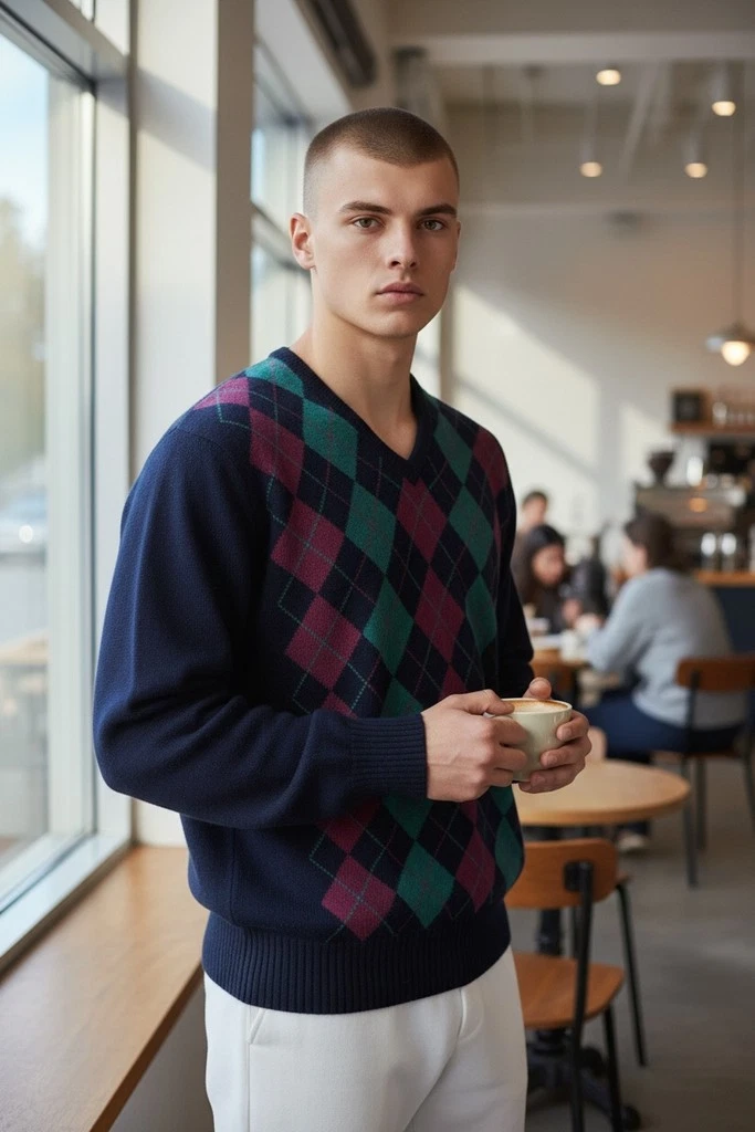 Scotland Intarsia lambswool Sweater Mens L Blue Argyle V-Neck Pullover old money