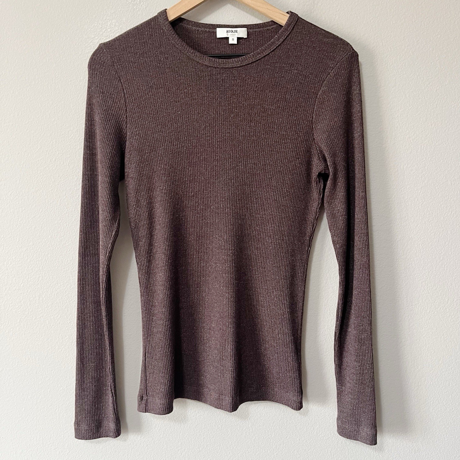 Agolde Delphi Slim Tee Shirt Ribbed Light Brown Size Medium Casual