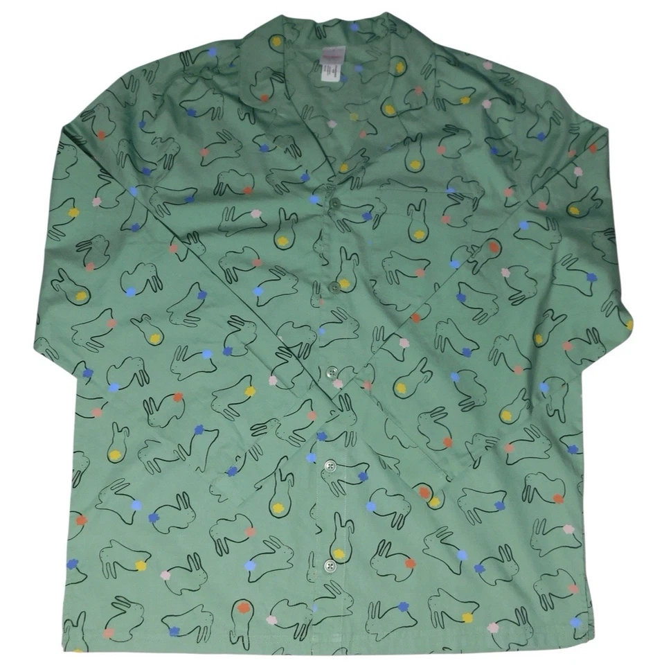 Hanna Andersson Poplin Pajama Set Adult Medium Cotton Tail Bunnies Green Pjs - Image 3 of 4