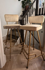 Pair of Vintage Brass Bar Stools Mid-Century Design/Art Deco Cream Upholstery