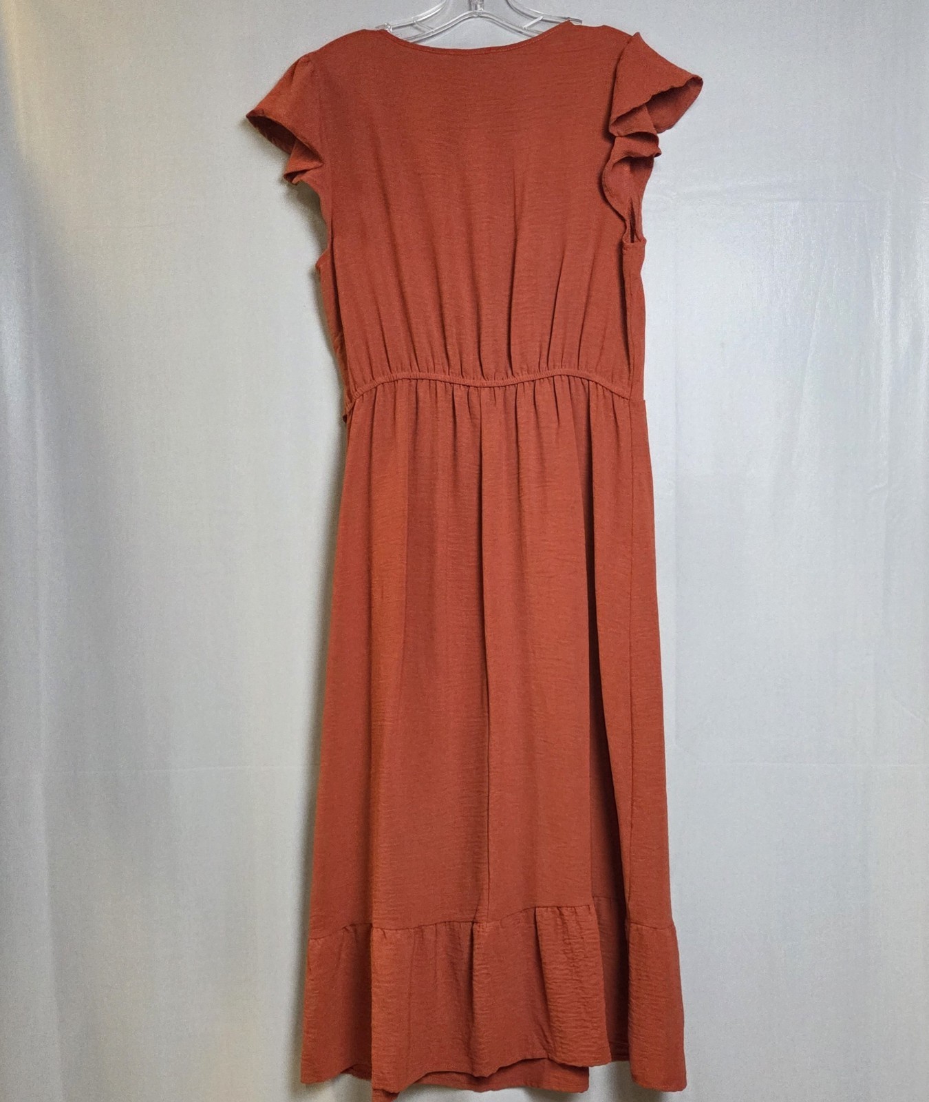 NAIF Faux Wrap Midi Dress Womens Large Burnt Orange Ruffle Hem Elastic Waist Tie