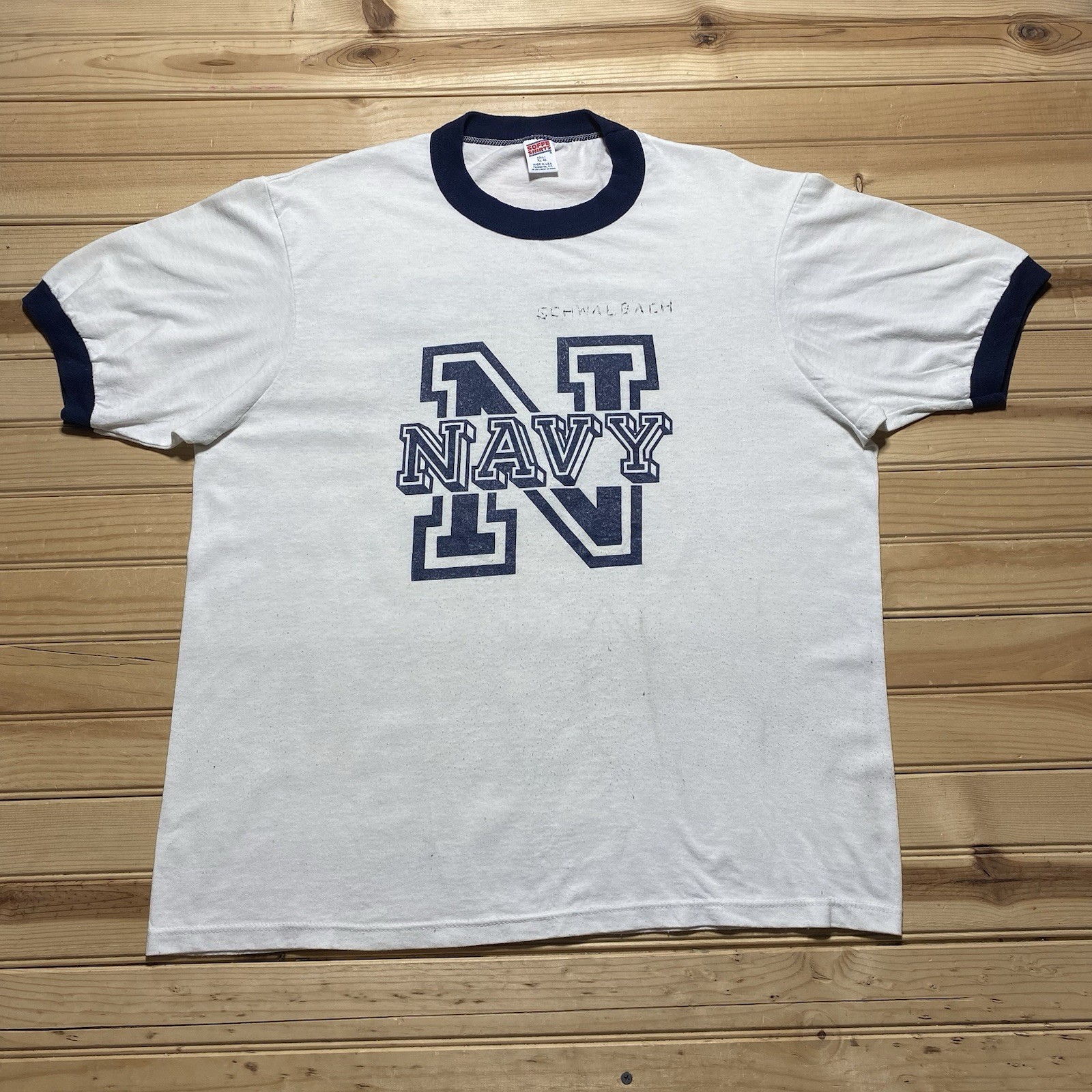 Vintage 80s 90s Navy N Logo Military Ringer Tee Size XL USA Made