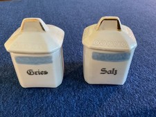 Set of 2 Antique German Doll, Toy Kitchen Porcelain Canisters, Salz, Gries, 2
