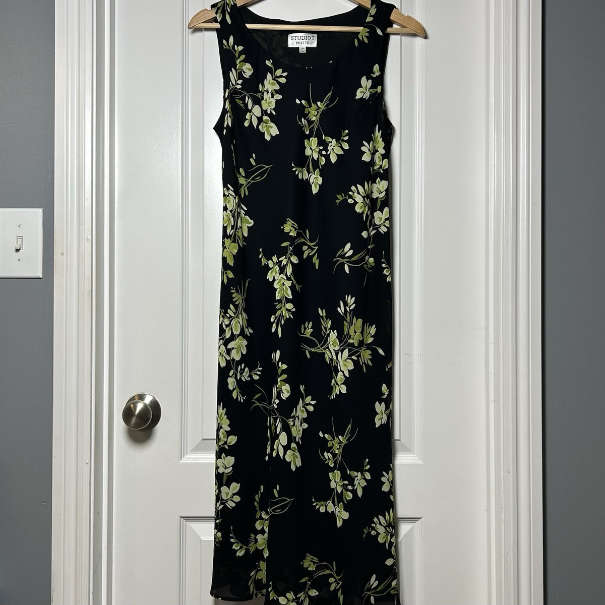 Studio I Vintage 90s Black Green Floral Sleeveless Maxi Dress Garden Party Style