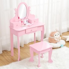 Wooden Toddler Vanity Set, Adjustable Mirror Vanity Table with Stool & Drawers