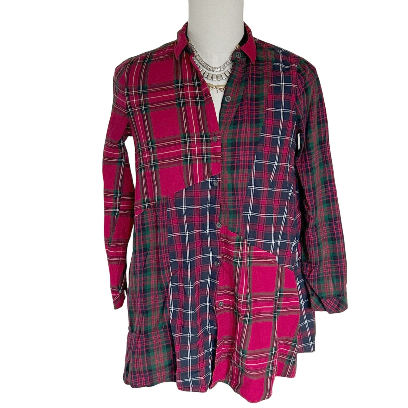 J. Jill Patchwork Button Down Mixed Red Plaid Tun… - image 1