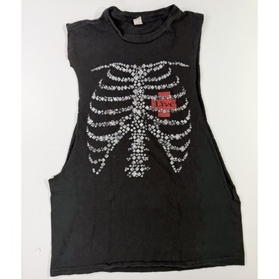LIVE Rock Band Rhinestone Skeleton Cut Off Tank Medium Black Y2K Emo