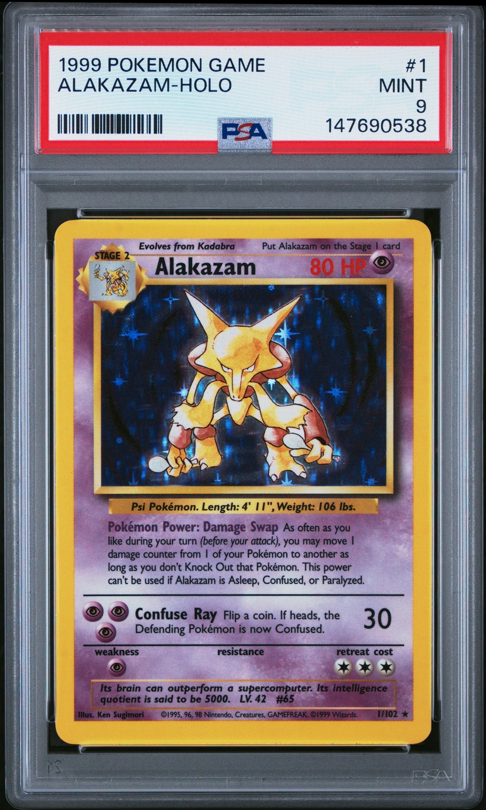 1999 POKEMON BASE SET UNLIMITED #1 ALAKAZAM-HOLO PSA 9