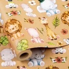 Kraft Baby Shower Wrapping Paper 17" 33 ft Cute Little Lion Giraffe and Elephant