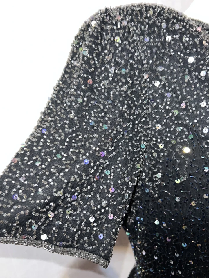 Camisa Stenay Top Talla XL Negra Plateada Seda Cuentas Lentejuelas Forrada Fiesta Especial Foto 3 de 4
