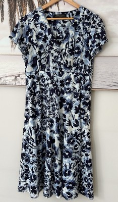 PERRI CUTTEN Linen Blue Floral A Line Cap Sleeve Dress Size 14