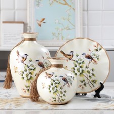 3x Chinese Style Ceramic Vases Bird Pattern Gorgeous Pottery Vase Vase Wobble