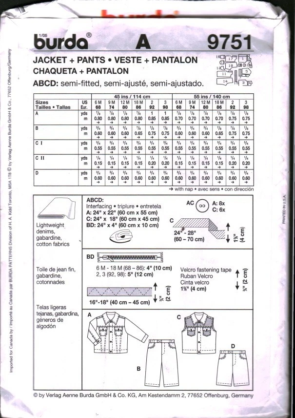 9751 Vintage Burda Sewing Pattern Boys Jacket Pants Toddler UNCUT 6M - 3 OOP - Image 2 of 2