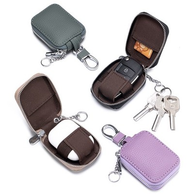 Women's Leather Zipper Wallet Mini Key Bag Bluetooth Earphone Bag with Key Chain