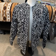 Coldwater Creek Open Blazer M Black White Floral Cut-Outs Embroidered Dressy