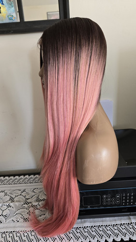 Ombre Pink Straight Long Hair Synthetic Lace Wig for Women Pink Straight wig - Picture 4 of 8