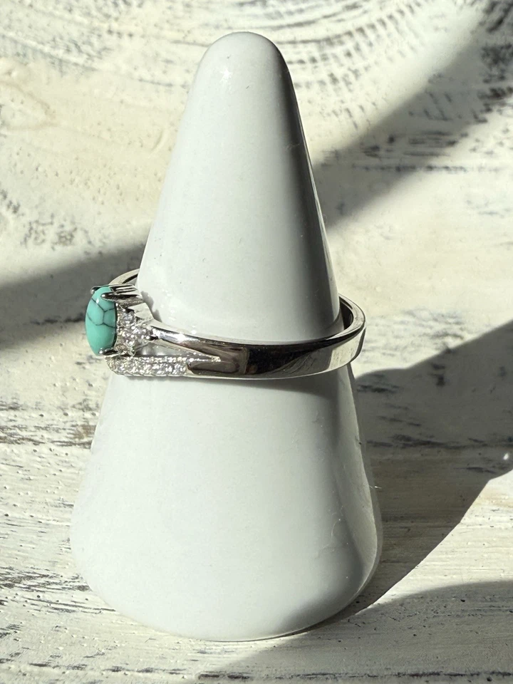 Anillo de circonita cúbica con piedras preciosas marquesa turquesa natural talla 10 NUEVO 925 plata de ley Foto 3 de 4