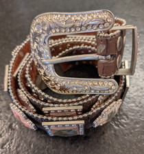 Vintage Womens XL Bling Studded Pink Rhinestone Western Genuine Leather Belt