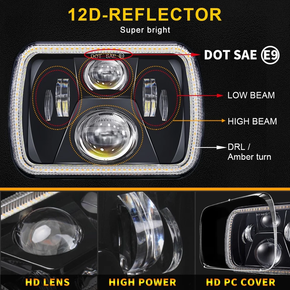 Pair 7x6" 5x7" LED Headlights Hi/Lo Beam Turn Signal For Toyota Hilux 1983-2004 - image 2 of 4