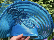 Women s Blue Mesh Fancy Hat Beaded Wedding Pa...
