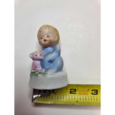 Vintage Porcelain Little Boy with Pink Elephant Figurine Blue Pajamas Bisque