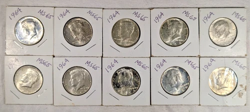 LOT OF 10 UNC 1964 KENNEDY HALF DOLLAR COINS $5 FACE VALUE UNCIRCULATED #95