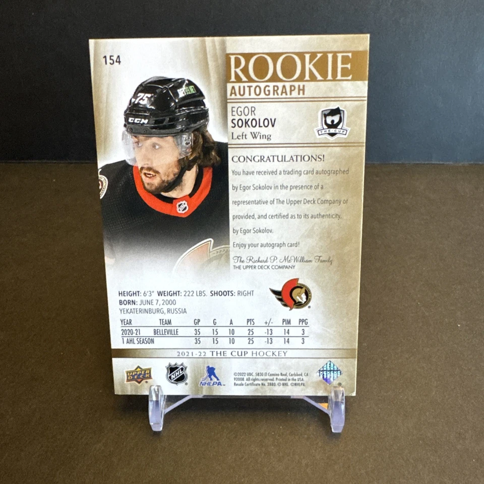 2022 Upper Deck THE CUP ROOKIE AUOTGRAPH #154 Egor Sokolov 23/24 EX - Image 2 of 2