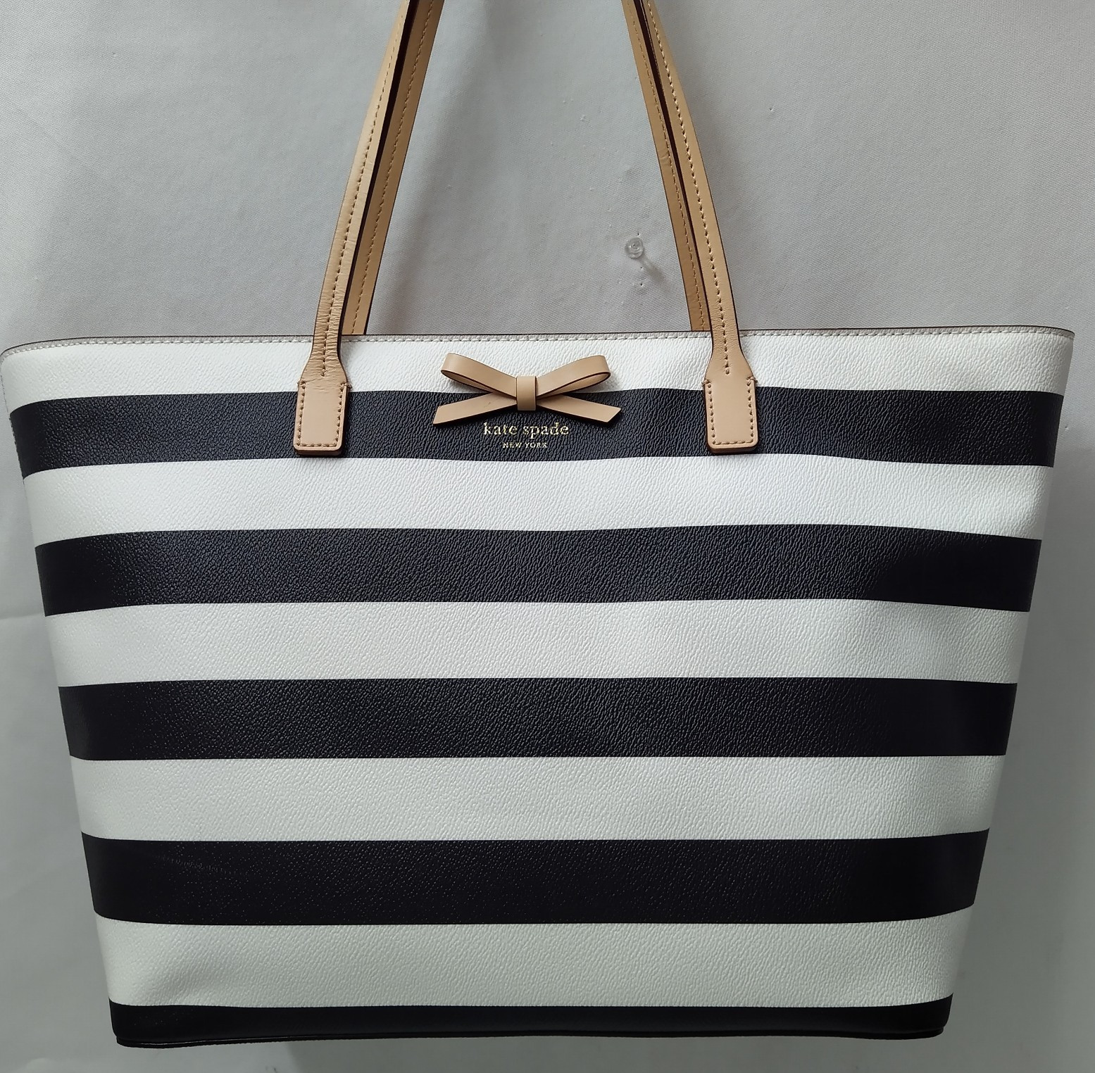 Kate Spade Black White Stripe Leather Double Handles Zipper Tote Bag thumbnail 9