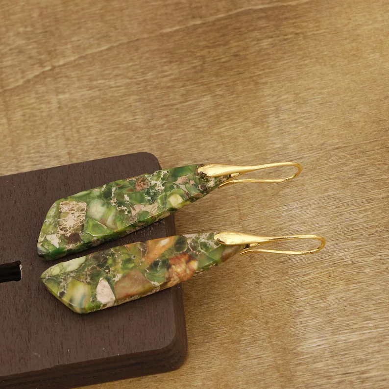Green Sea Sediment Jasper Stone Dangle Earrings Natural Gemstone Drop Earrings - Image 2 of 4