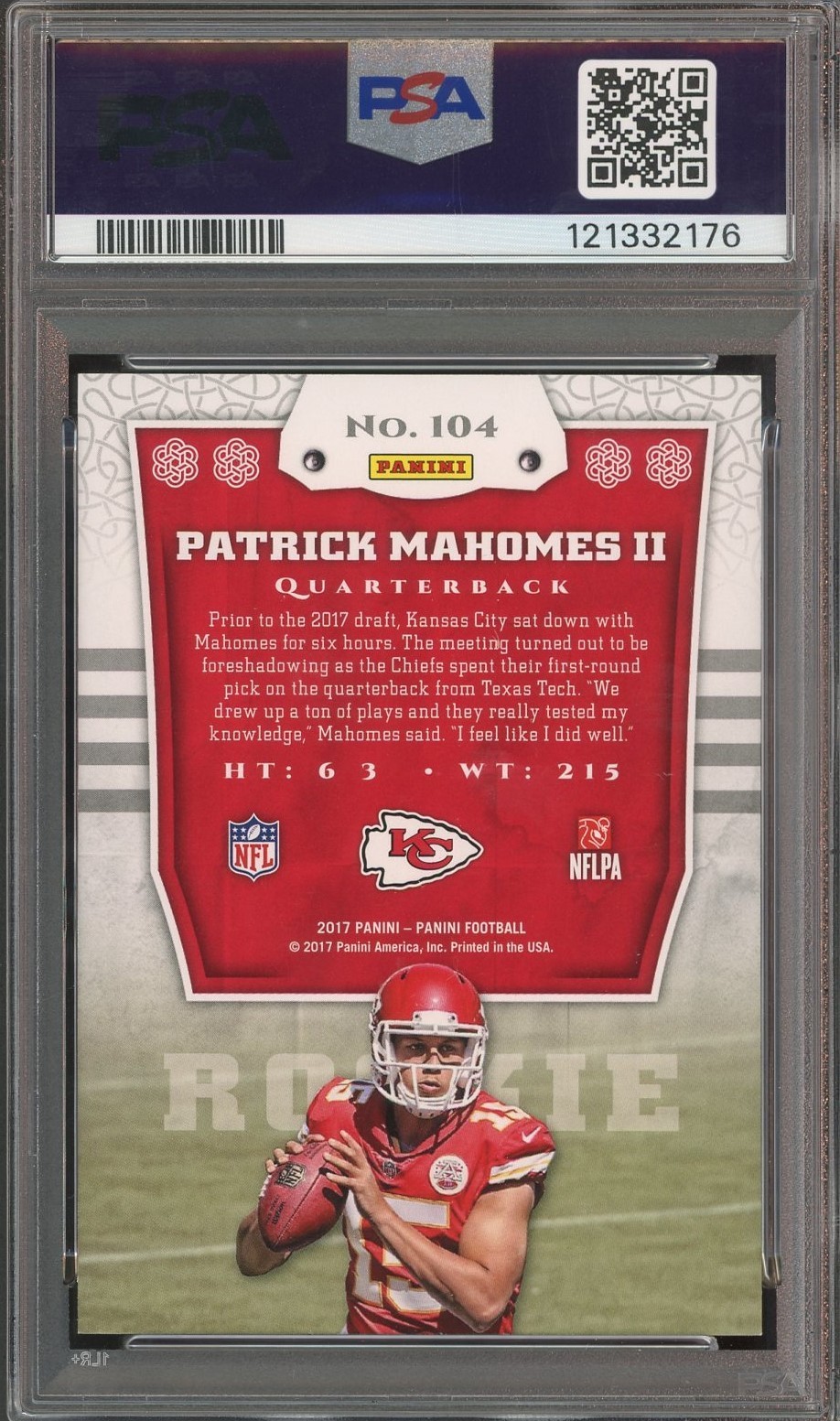 2017 Panini #104 Patrick Mahomes RC Rookie PSA 10/10 Auto GEM MINT view 2