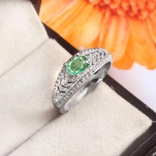 Natural Emerald Sterling Silver Ring  Oval Green Gemstone Engagement Ring