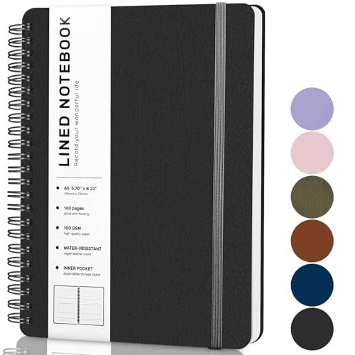 Lined Spiral Journal Notebook, A5 Hardcover Leather Notebook for Work, Black