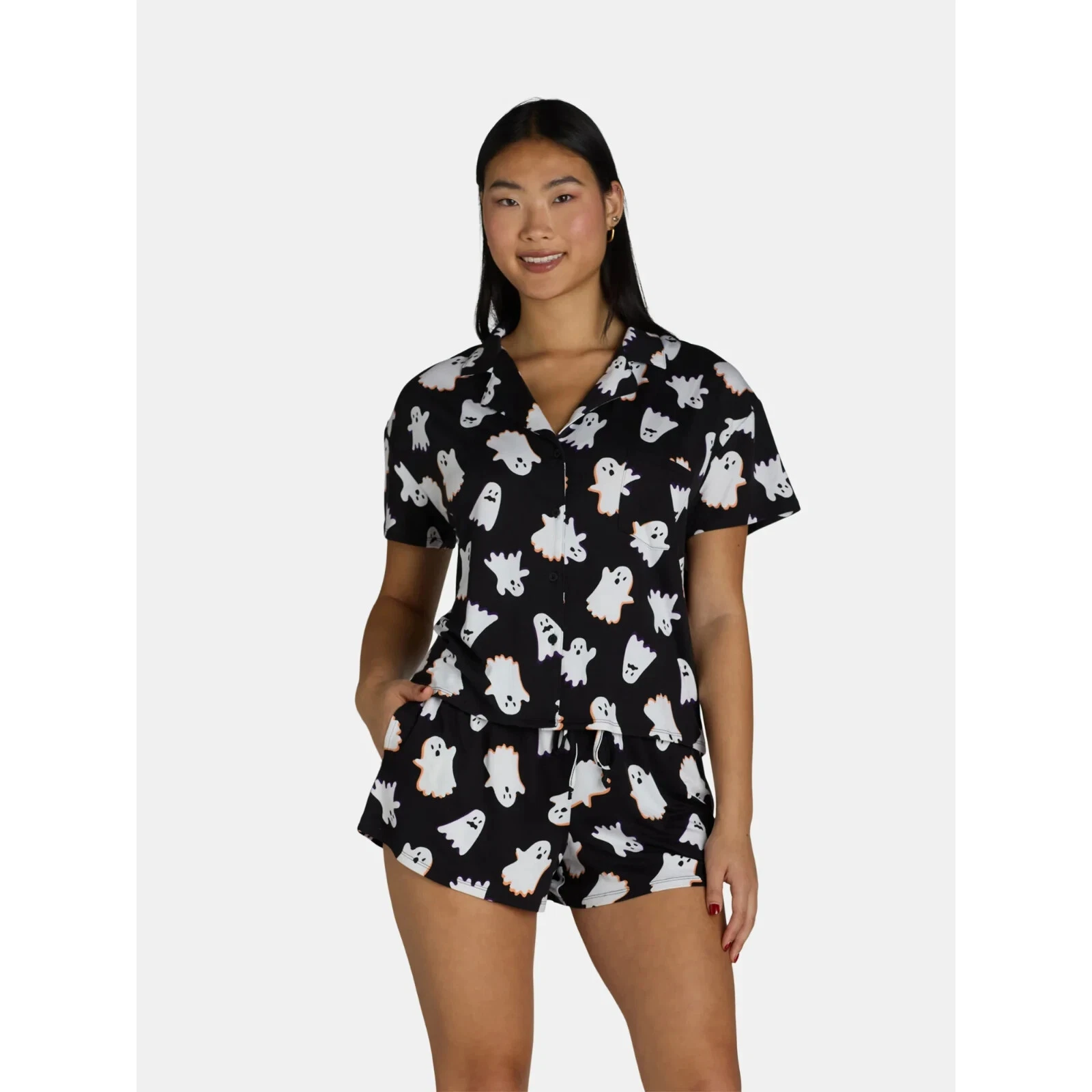Womens Ghost Print 2-Piece Pajama Set Large 12-14 Top & Shorts