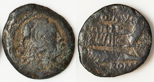 RR211. ROMAN REPUBLIC BRONZE QUADRANS Q. FABIUS MAXIMUS HERCULES / PROW 127 BC.