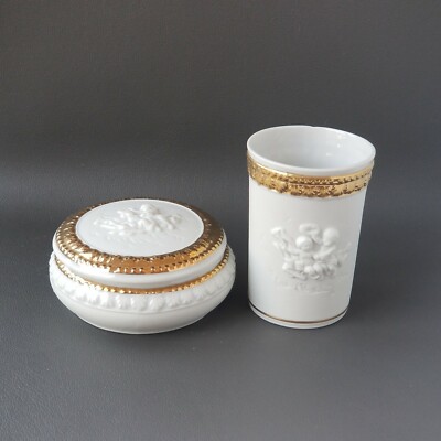 Vintage Japan Trinket Box Ardalt Hand Painted Lenwile China Angels With Gold Set